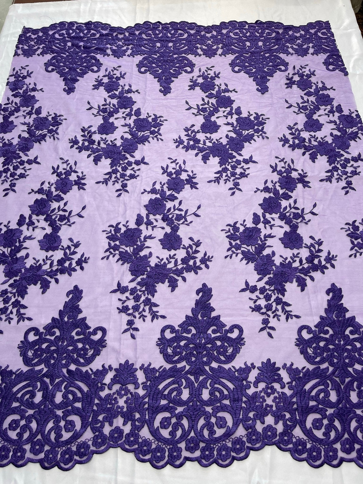 Elegant Floral Damask Flat Lace Polyester Fabric - Embroidered Mesh, 50-54" Width (1 Yard)