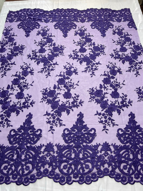 Elegant Floral Damask Flat Lace Polyester Fabric - Embroidered Mesh, 50-54" Width (1 Yard)