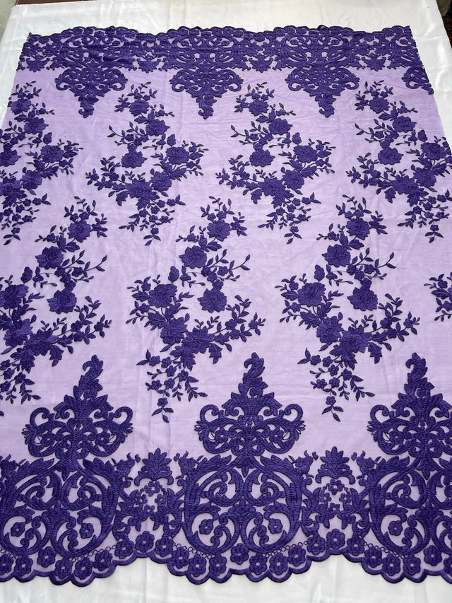 Elegant Floral Damask Flat Lace Polyester Fabric - Embroidered Mesh, 50-54" Width (1 Yard)