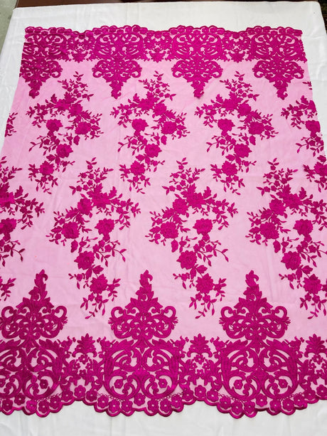 Elegant Floral Damask Flat Lace Polyester Fabric - Embroidered Mesh, 50-54" Width (1 Yard)