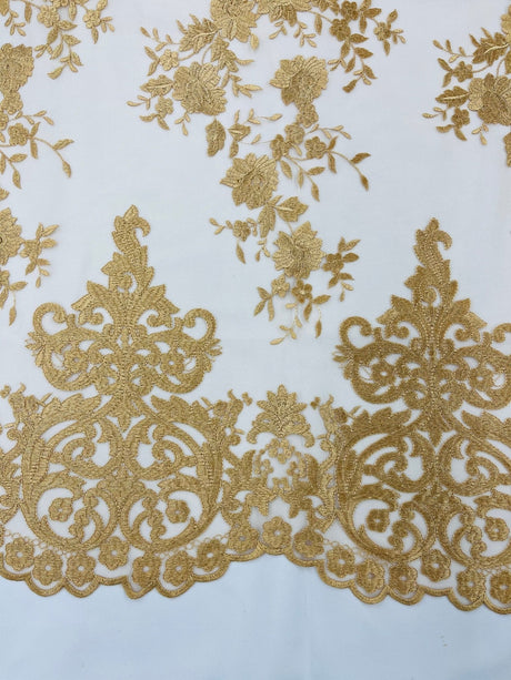 Elegant Floral Damask Flat Lace Polyester Fabric - Embroidered Mesh, 50-54" Width (1 Yard)