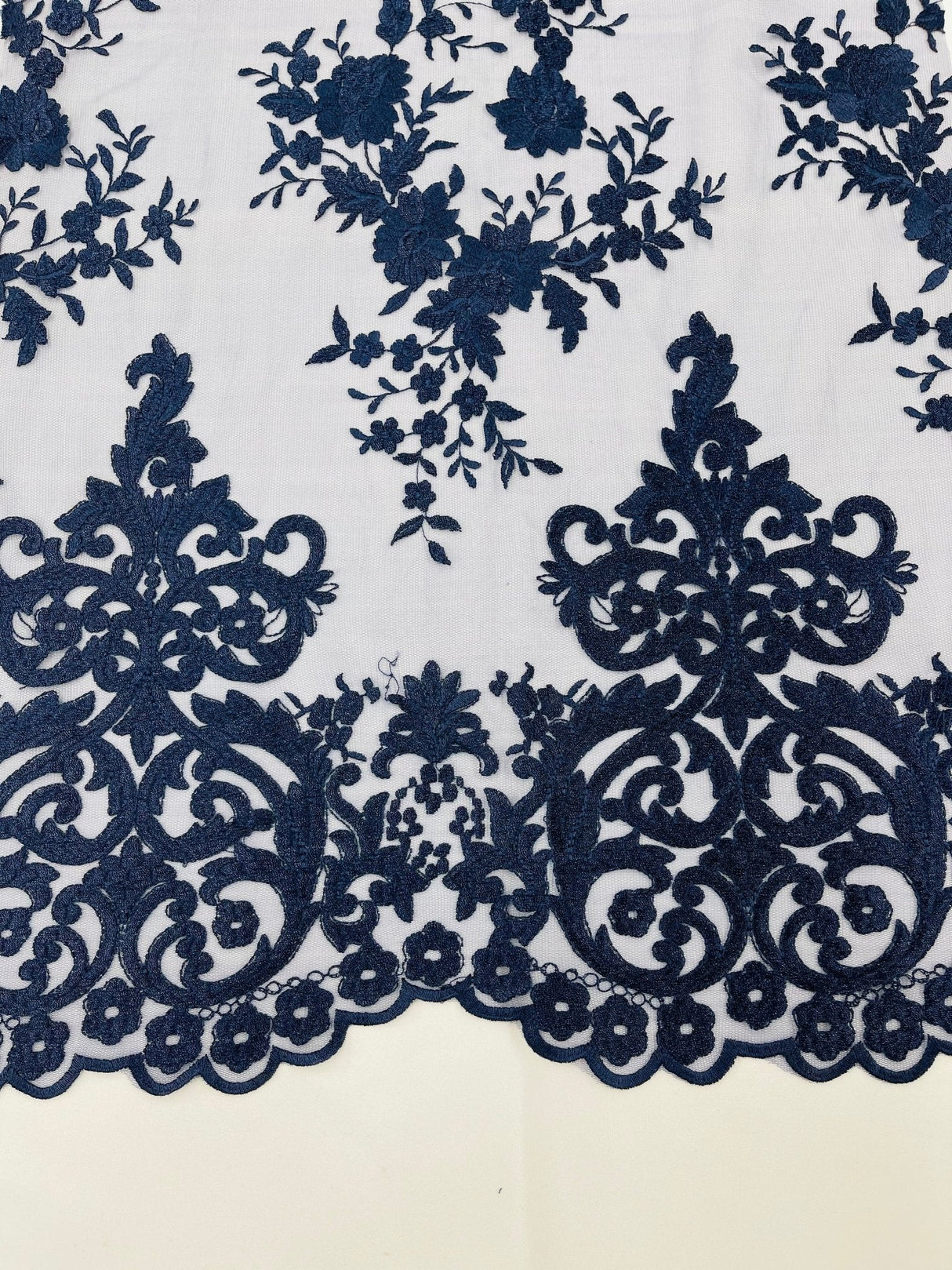 Elegant Floral Damask Flat Lace Polyester Fabric - Embroidered Mesh, 50-54" Width (1 Yard)