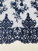 Elegant Floral Damask Flat Lace Polyester Fabric - Embroidered Mesh, 50-54" Width (1 Yard)