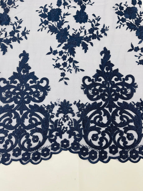 Elegant Floral Damask Flat Lace Polyester Fabric - Embroidered Mesh, 50-54" Width (1 Yard)