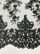 Elegant Floral Damask Flat Lace Polyester Fabric - Embroidered Mesh, 50-54" Width (1 Yard)