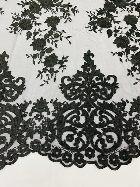 Elegant Floral Damask Flat Lace Polyester Fabric - Embroidered Mesh, 50-54" Width (1 Yard)