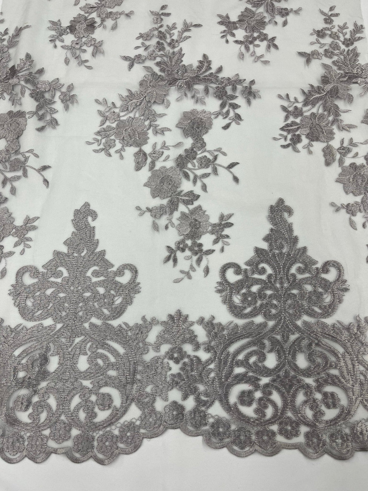 Elegant Floral Damask Flat Lace Polyester Fabric - Embroidered Mesh, 50-54" Width (1 Yard)