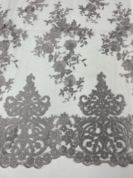 Elegant Floral Damask Flat Lace Polyester Fabric - Embroidered Mesh, 50-54" Width (1 Yard)