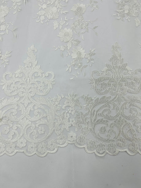 Elegant Floral Damask Flat Lace Polyester Fabric - Embroidered Mesh, 50-54" Width (1 Yard)