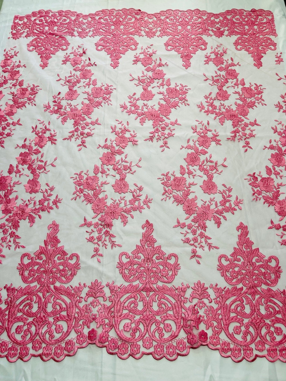 Elegant Floral Damask Flat Lace Polyester Fabric - Embroidered Mesh, 50-54" Width (1 Yard)