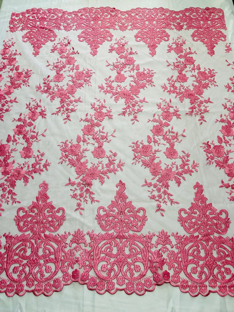 Elegant Floral Damask Flat Lace Polyester Fabric - Embroidered Mesh, 50-54" Width (1 Yard)