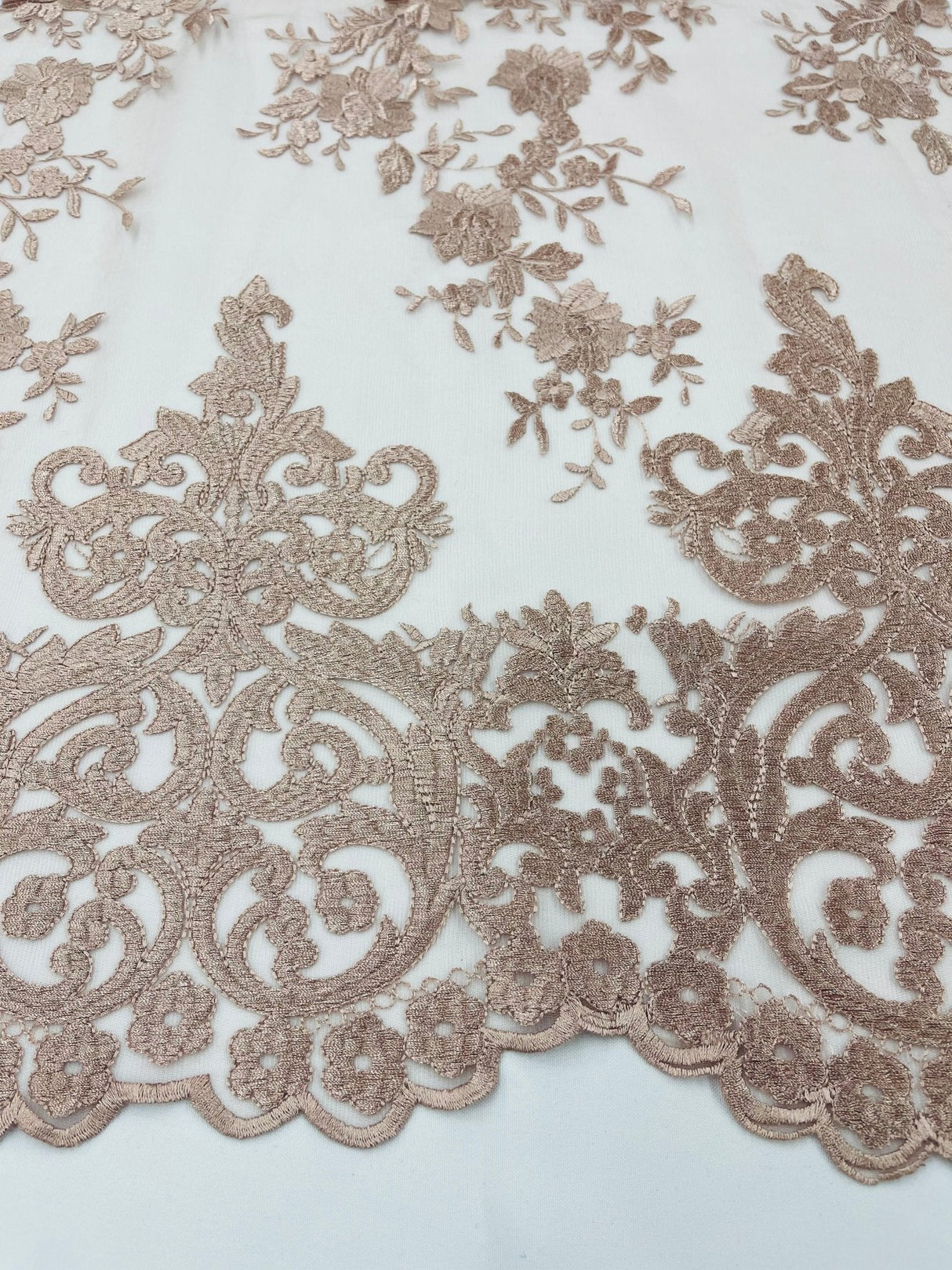 Elegant Floral Damask Flat Lace Polyester Fabric - Embroidered Mesh, 50-54" Width (1 Yard)
