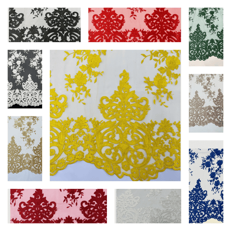 Elegant Floral Damask Flat Lace Polyester Fabric - Embroidered Mesh, 50-54" Width (1 Yard)