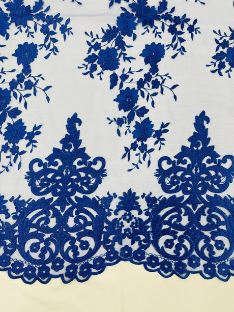 Elegant Floral Damask Flat Lace Polyester Fabric - Embroidered Mesh, 50-54" Width (1 Yard)