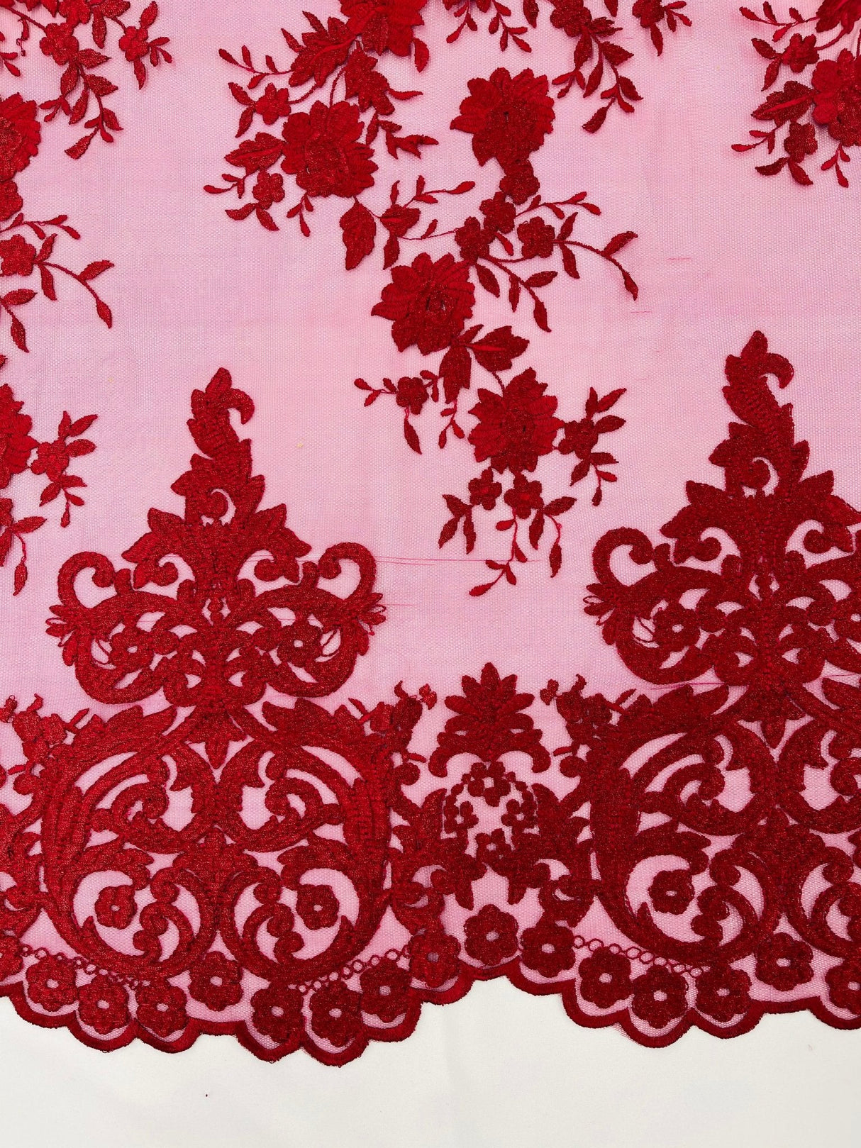 Elegant Floral Damask Flat Lace Polyester Fabric - Embroidered Mesh, 50-54" Width (1 Yard)