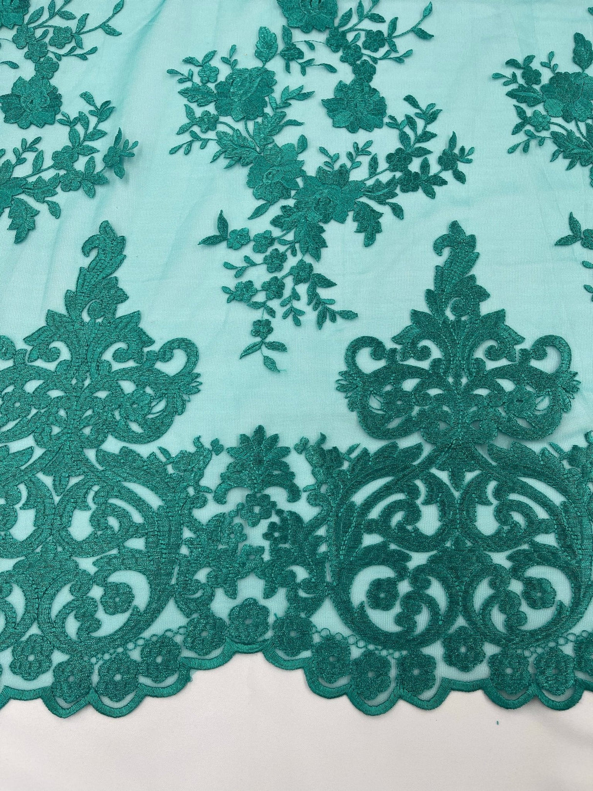 Elegant Floral Damask Flat Lace Polyester Fabric - Embroidered Mesh, 50-54" Width (1 Yard)