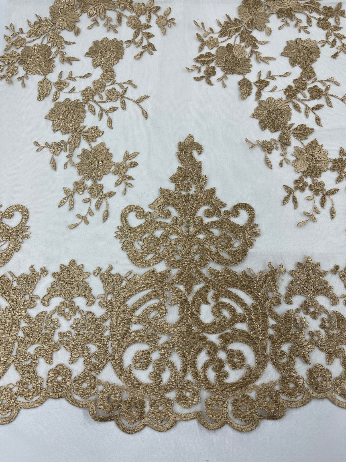 Elegant Floral Damask Flat Lace Polyester Fabric - Embroidered Mesh, 50-54" Width (1 Yard)