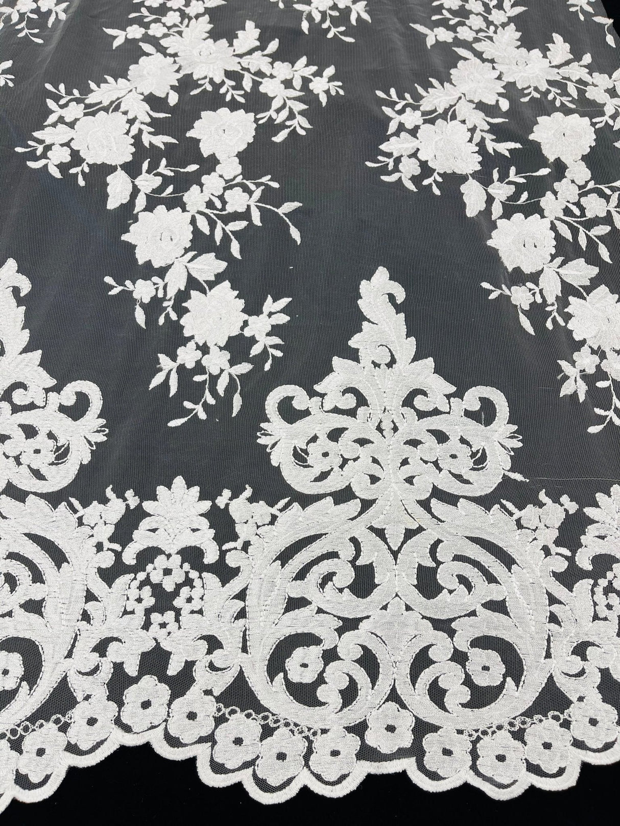 Elegant Floral Damask Flat Lace Polyester Fabric - Embroidered Mesh, 50-54" Width (1 Yard)