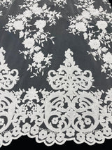 Elegant Floral Damask Flat Lace Polyester Fabric - Embroidered Mesh, 50-54" Width (1 Yard)