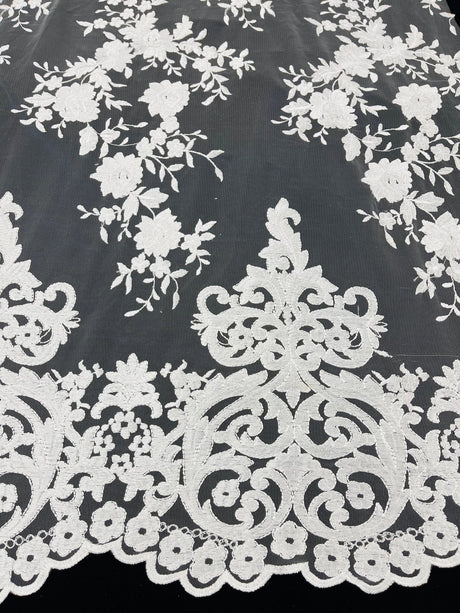 Elegant Floral Damask Flat Lace Polyester Fabric - Embroidered Mesh, 50-54" Width (1 Yard)