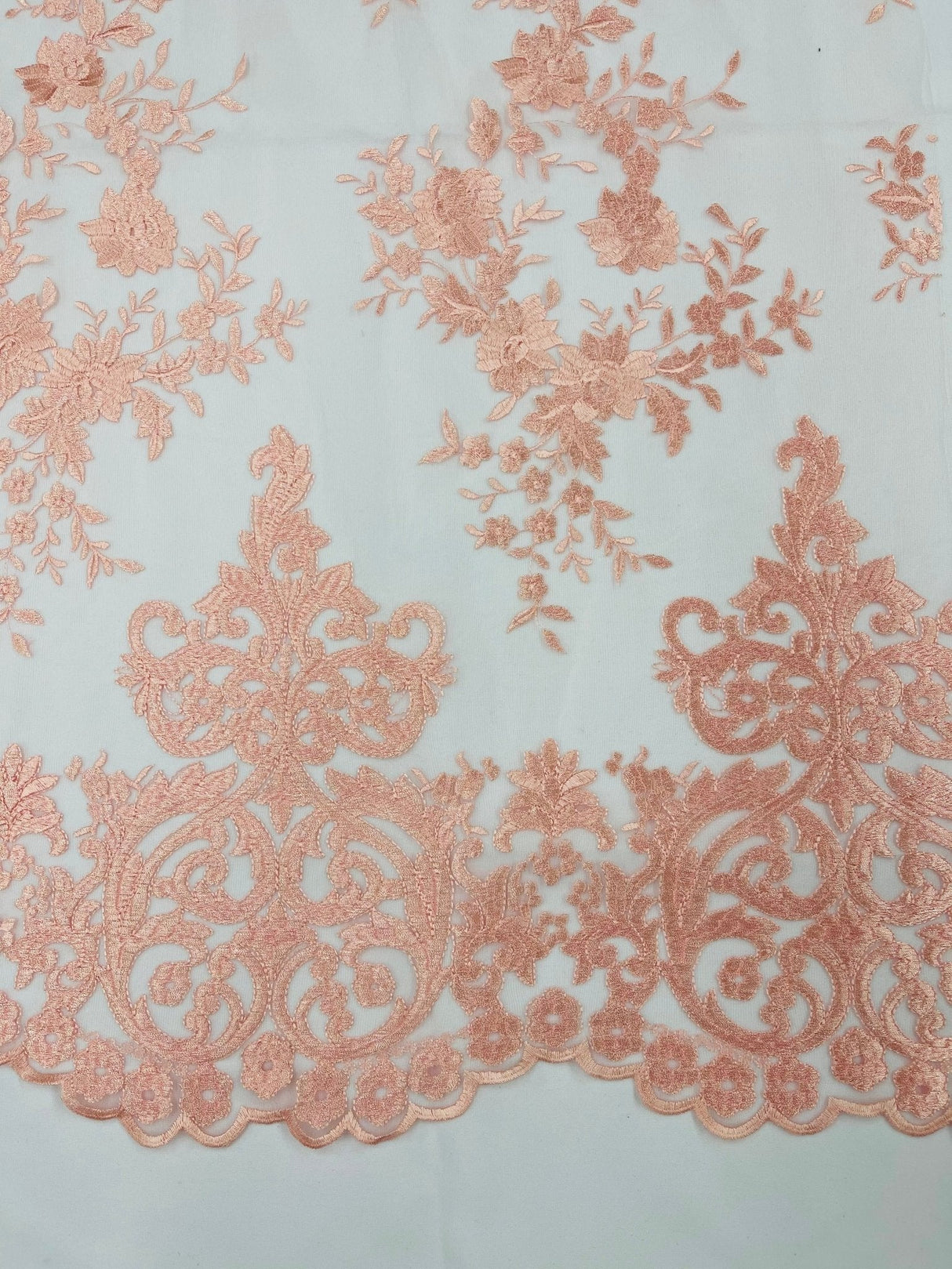 Elegant Floral Damask Flat Lace Polyester Fabric - Embroidered Mesh, 50-54" Width (1 Yard)