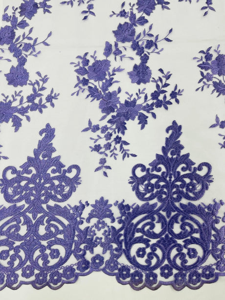Elegant Floral Damask Flat Lace Polyester Fabric - Embroidered Mesh, 50-54" Width (1 Yard)