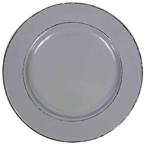 Elite Global Solutions D1025T Trestles Vintage California 10 1/2" Gray Round Double-Line Melamine Plate - Case of 6
