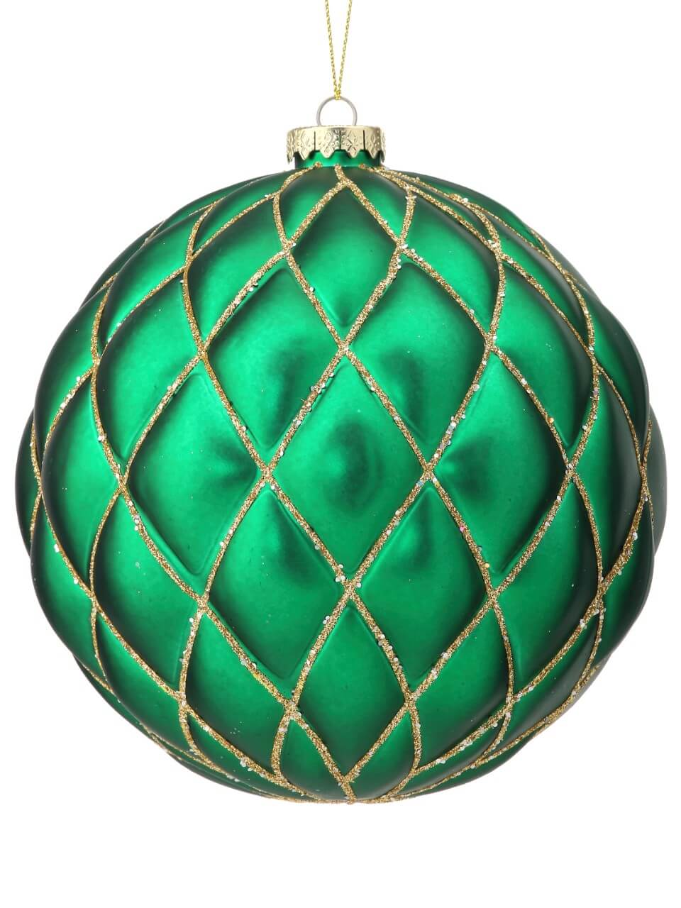15 CM Emerald Green Matte Glitter Quilted Net Ball Christmas Ornament