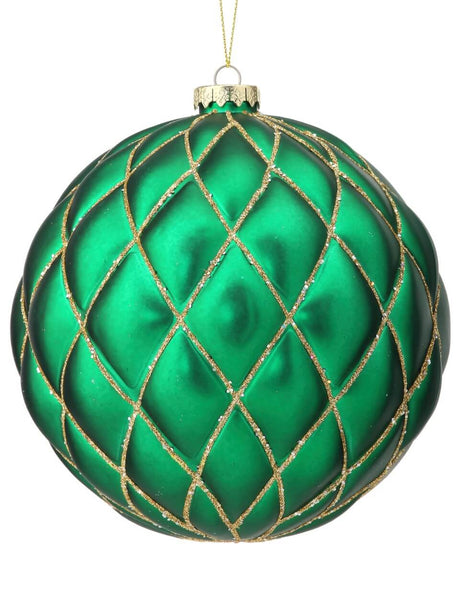 15 CM Emerald Green Matte Glitter Quilted Net Ball Christmas Ornament