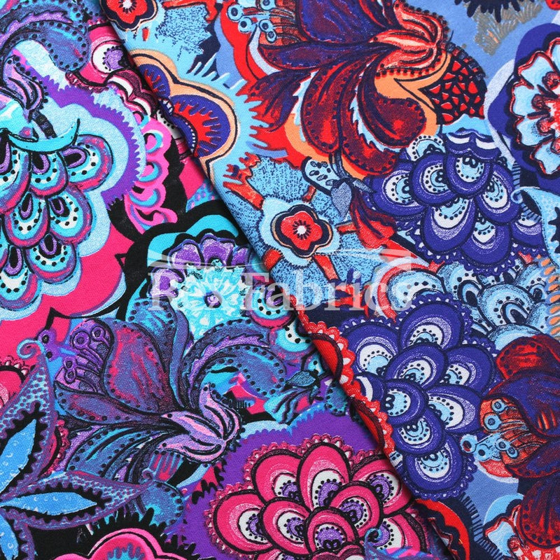 Entranced Nylon Spandex Fabric - Pink/Purple or Blue/Red, Paisley Floral Print, 58/60" Width (1 Yard)