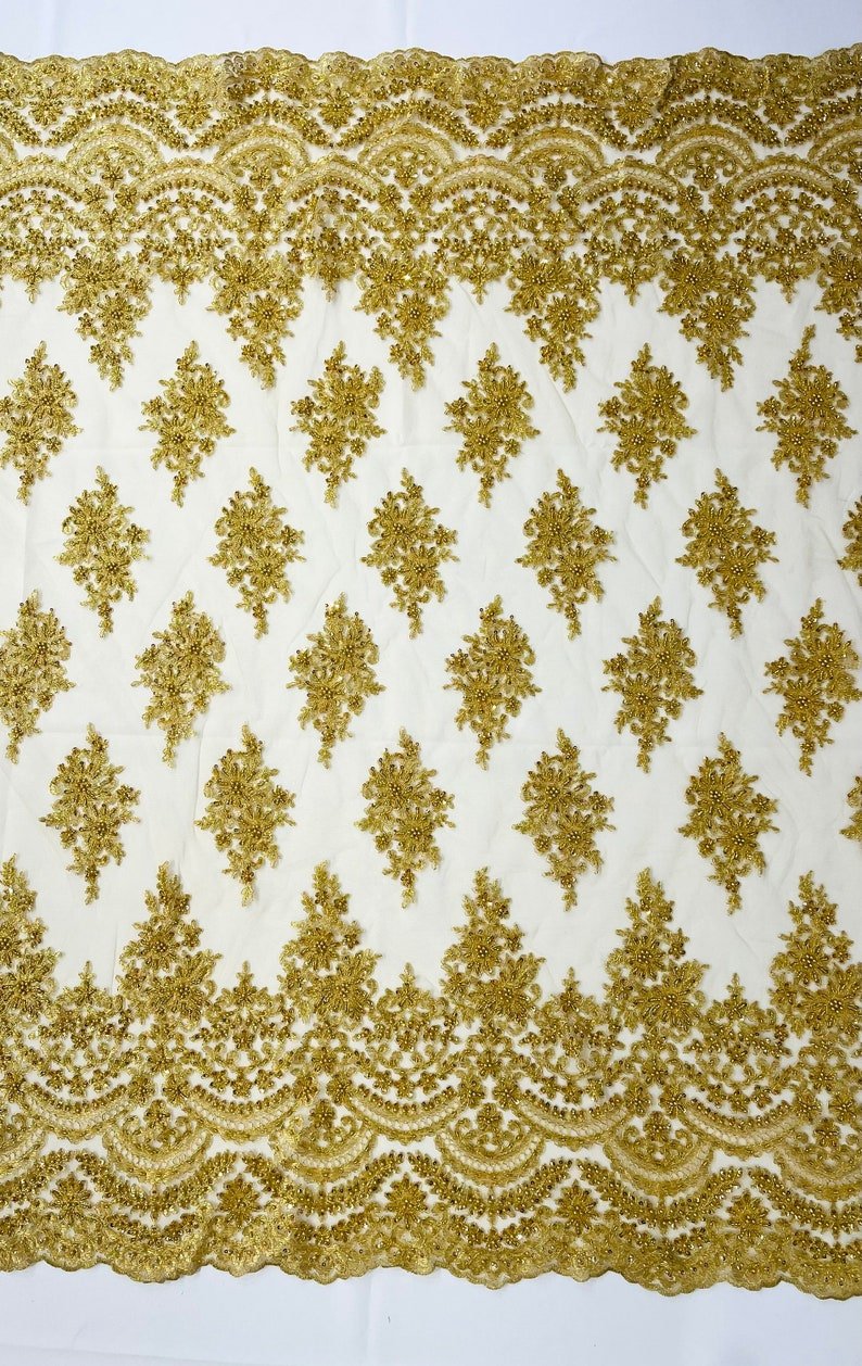 Erin Diamond Beaded Metallic Floral Embroidered Mesh Lace Fabric - Metallic Floral Beaded Embroidery, 50-54" Width (1 Yard)