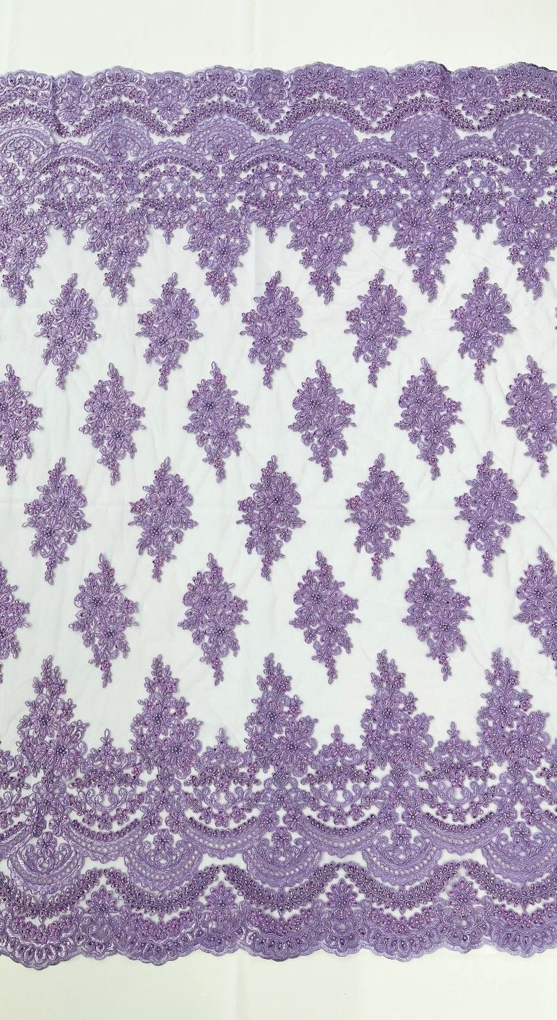 Erin Diamond Beaded Metallic Floral Embroidered Mesh Lace Fabric - Metallic Floral Beaded Embroidery, 50-54" Width (1 Yard)