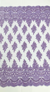 Erin Diamond Beaded Metallic Floral Embroidered Mesh Lace Fabric - Metallic Floral Beaded Embroidery, 50-54" Width (1 Yard)