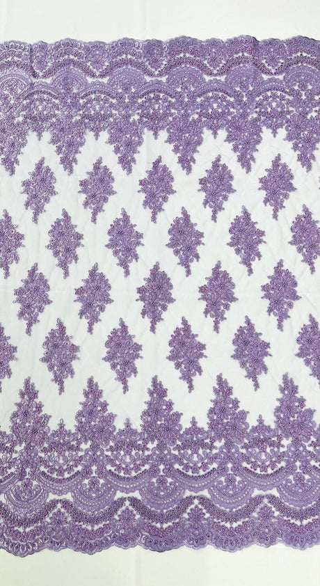 Erin Diamond Beaded Metallic Floral Embroidered Mesh Lace Fabric - Metallic Floral Beaded Embroidery, 50-54" Width (1 Yard)