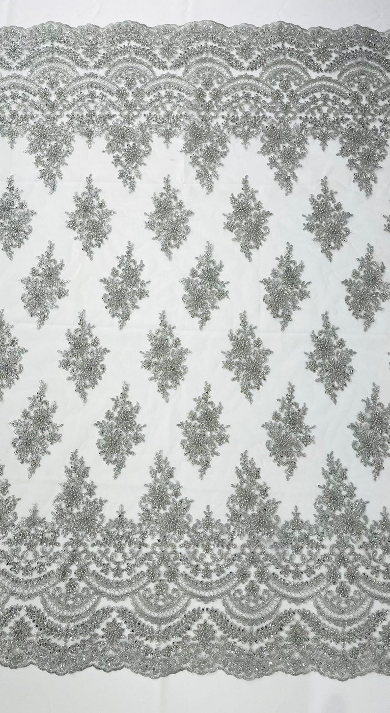 Erin Diamond Beaded Metallic Floral Embroidered Mesh Lace Fabric - Metallic Floral Beaded Embroidery, 50-54" Width (1 Yard)