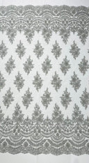 Erin Diamond Beaded Metallic Floral Embroidered Mesh Lace Fabric - Metallic Floral Beaded Embroidery, 50-54" Width (1 Yard)