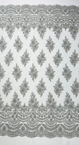 Erin Diamond Beaded Metallic Floral Embroidered Mesh Lace Fabric - Metallic Floral Beaded Embroidery, 50-54" Width (1 Yard)