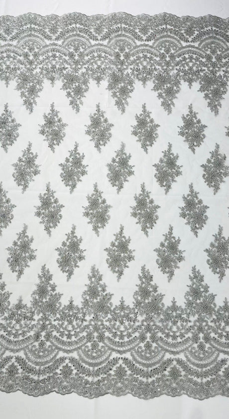 Erin Diamond Beaded Metallic Floral Embroidered Mesh Lace Fabric - Metallic Floral Beaded Embroidery, 50-54" Width (1 Yard)