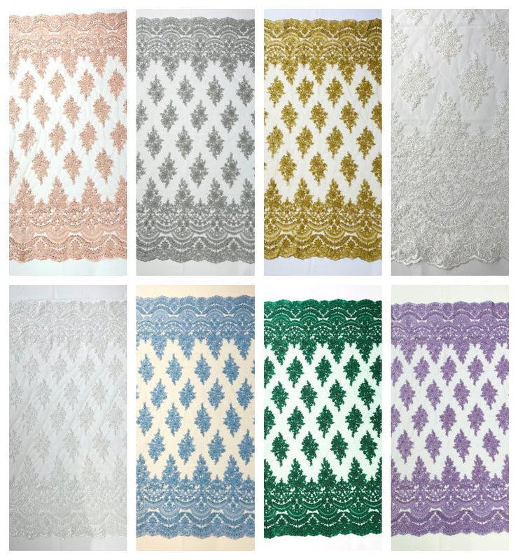 Erin Diamond Beaded Metallic Floral Embroidered Mesh Lace Fabric - Metallic Floral Beaded Embroidery, 50-54" Width (1 Yard)
