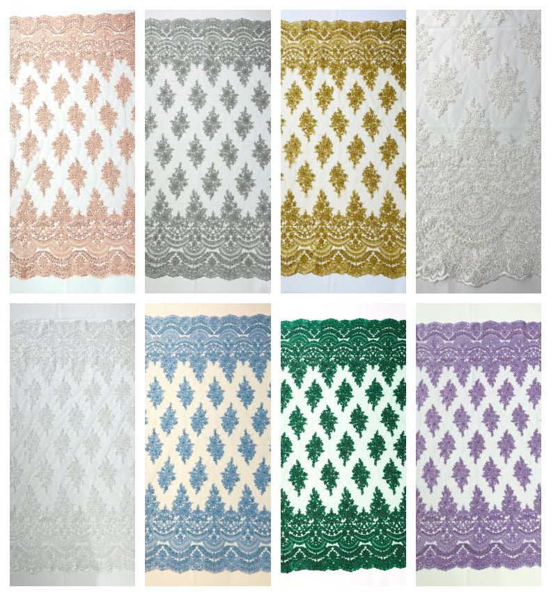 Erin Diamond Beaded Metallic Floral Embroidered Mesh Lace Fabric - Metallic Floral Beaded Embroidery, 50-54" Width (1 Yard)