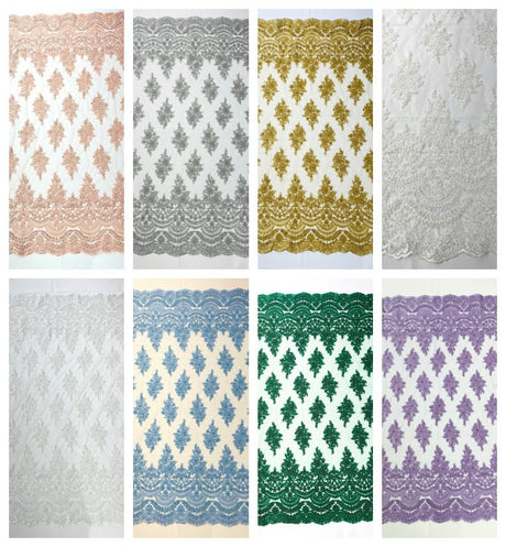 Erin Diamond Beaded Metallic Floral Embroidered Mesh Lace Fabric - Metallic Floral Beaded Embroidery, 50-54" Width (1 Yard)