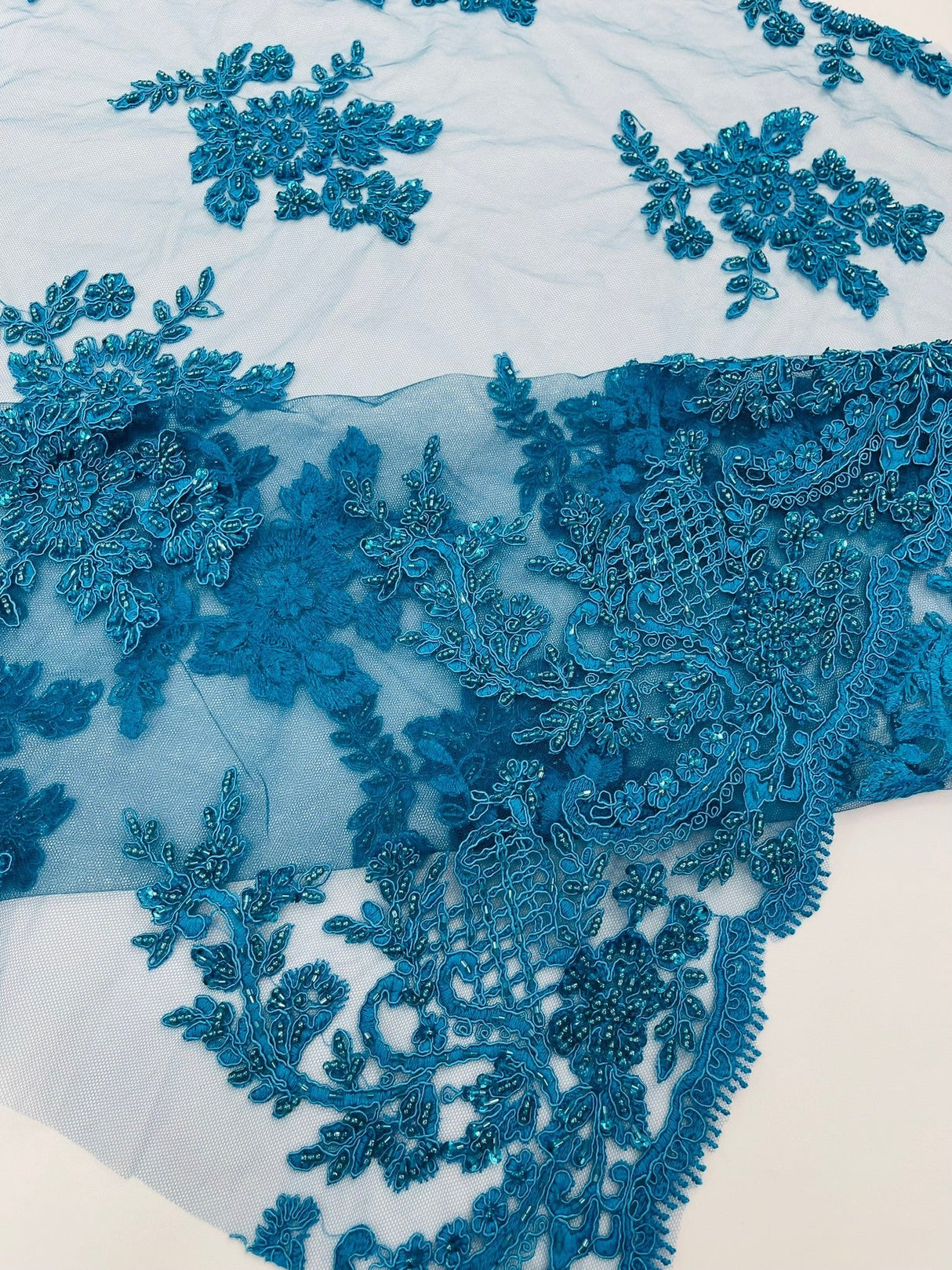 Eva Luxury Beaded Floral Lace Fabric - Black, Sage Green, Silver, Turquoise Floral Pattern, 54" Width (1 Yard)