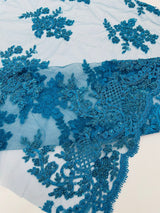 Eva Luxury Beaded Floral Lace Fabric - Black, Sage Green, Silver, Turquoise Floral Pattern, 54" Width (1 Yard)