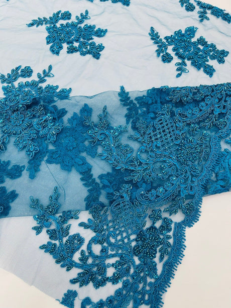 Eva Luxury Beaded Floral Lace Fabric - Black, Sage Green, Silver, Turquoise Floral Pattern, 54" Width (1 Yard)