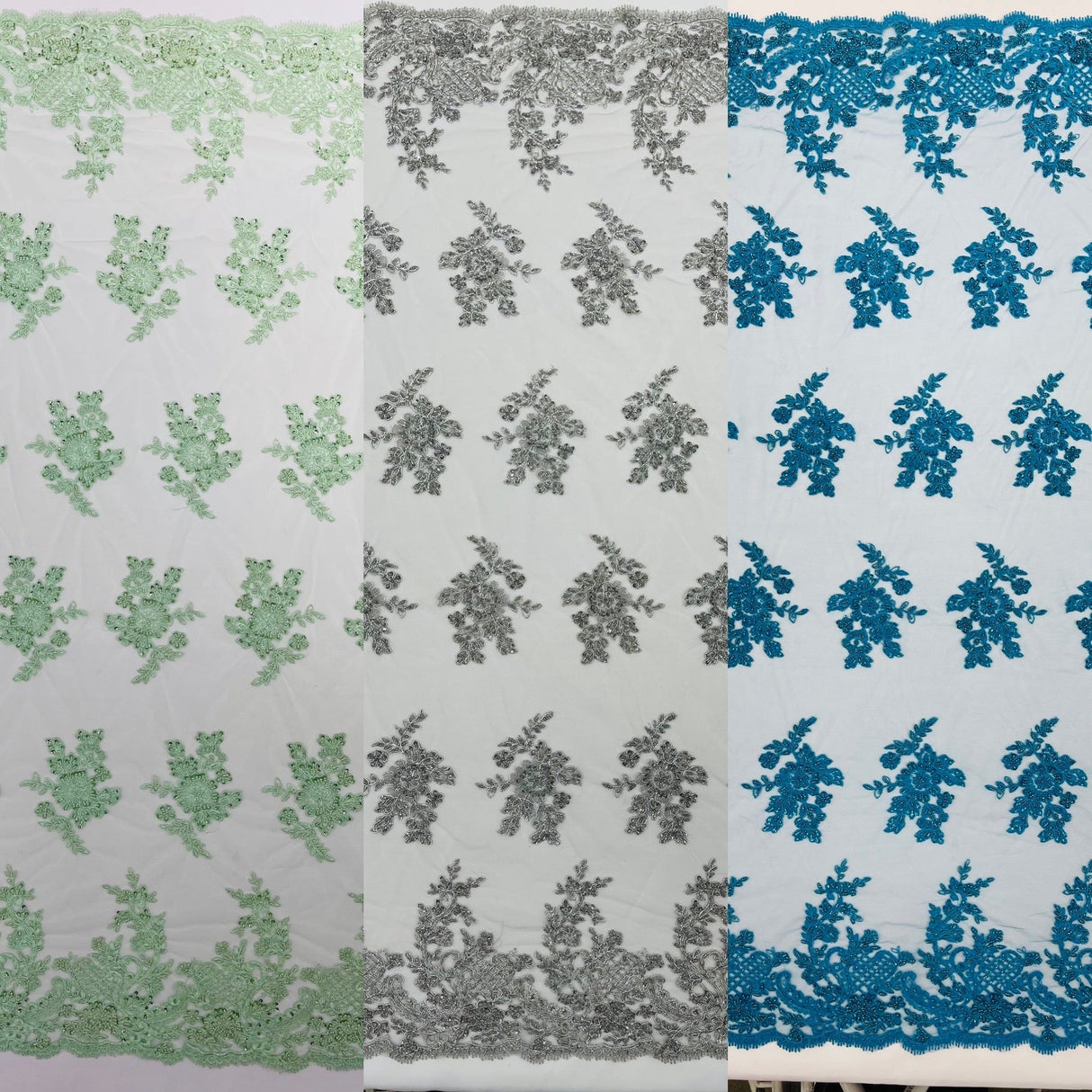 Eva Luxury Beaded Floral Lace Fabric - Black, Sage Green, Silver, Turquoise Floral Pattern, 54" Width (1 Yard)