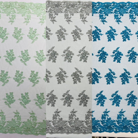 Eva Luxury Beaded Floral Lace Fabric - Black, Sage Green, Silver, Turquoise Floral Pattern, 54" Width (1 Yard)