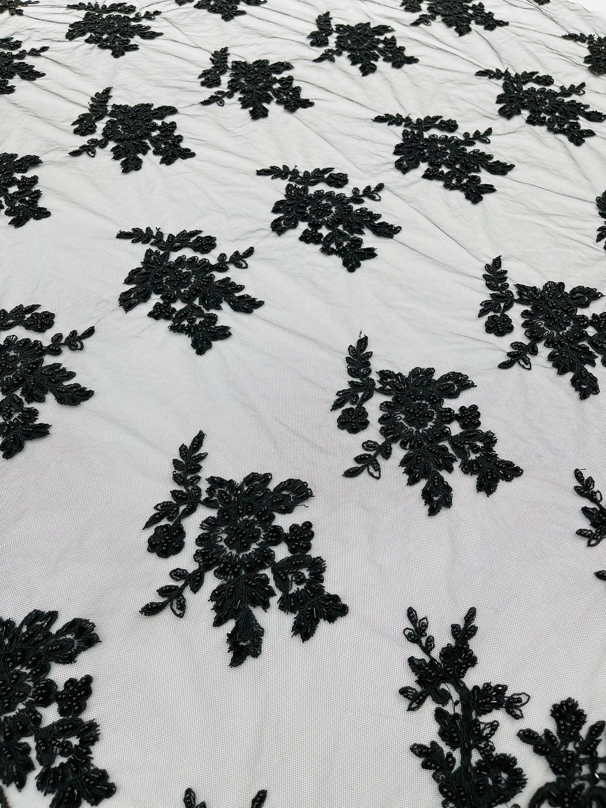 Eva Luxury Beaded Floral Lace Fabric - Black, Sage Green, Silver, Turquoise Floral Pattern, 54" Width (1 Yard)