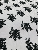 Eva Luxury Beaded Floral Lace Fabric - Black, Sage Green, Silver, Turquoise Floral Pattern, 54" Width (1 Yard)