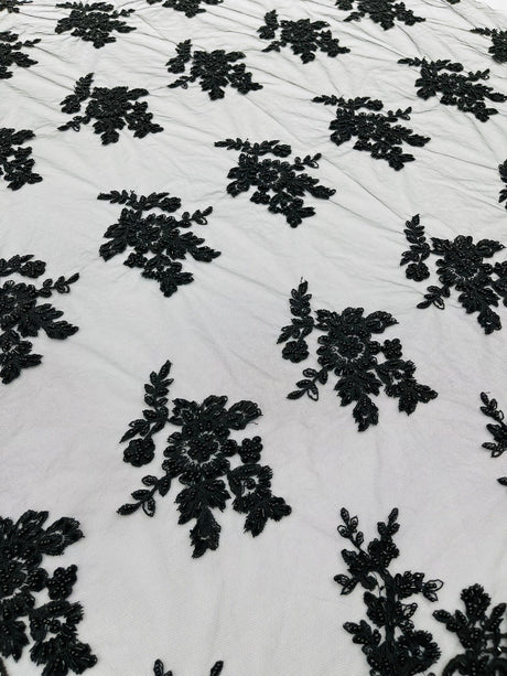 Eva Luxury Beaded Floral Lace Fabric - Black, Sage Green, Silver, Turquoise Floral Pattern, 54" Width (1 Yard)