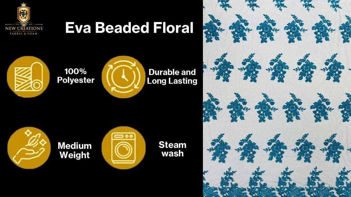 Eva Luxury Beaded Floral Lace Fabric - Black, Sage Green, Silver, Turquoise Floral Pattern, 54" Width (1 Yard)